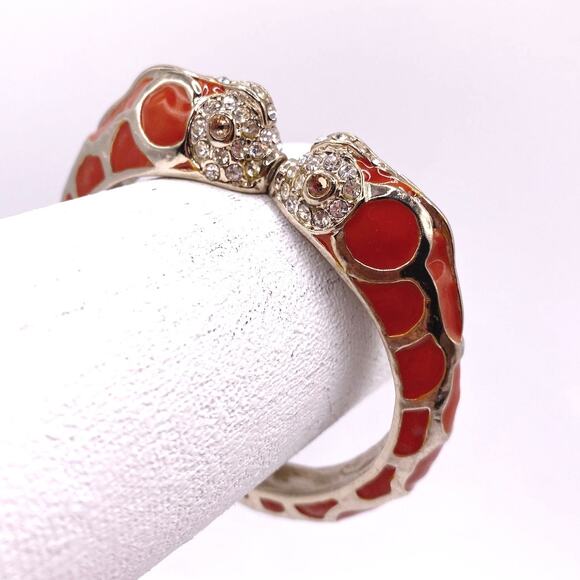 Vtg Chicos Enamel Orange Bangle Bracelet Rhinestones Head kissing Fishes size 7 - Picture 2 of 8